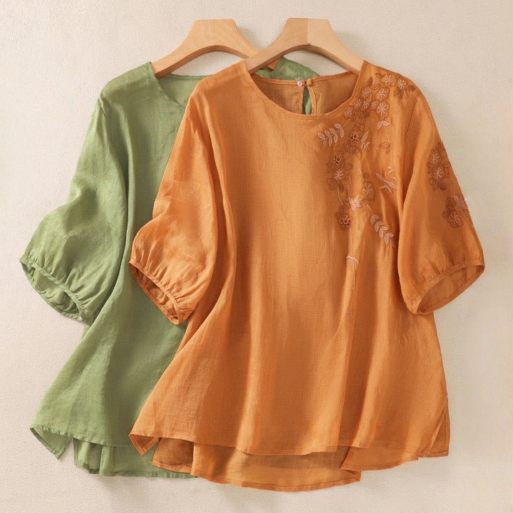 Maglietta da donna in cotone e lino con mezza manica, ricamo Buddha Stones, orlo floreale e spacco - image 20