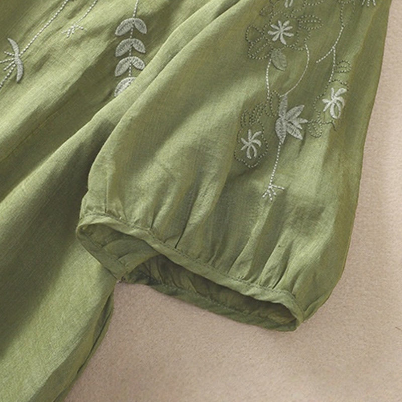 Maglietta da donna in cotone e lino con mezza manica, ricamo Buddha Stones, orlo floreale e spacco - image 6