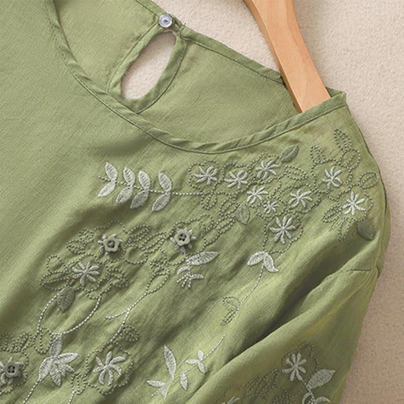 Maglietta da donna in cotone e lino con mezza manica, ricamo Buddha Stones, orlo floreale e spacco - image 5