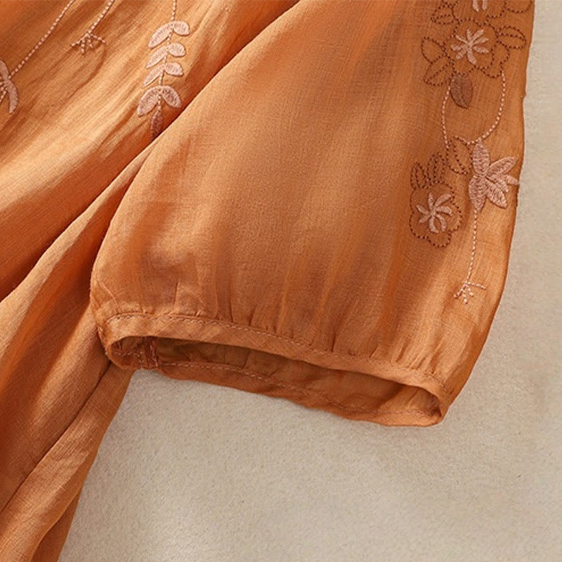 Maglietta da donna in cotone e lino con mezza manica, ricamo Buddha Stones, orlo floreale e spacco - image 15