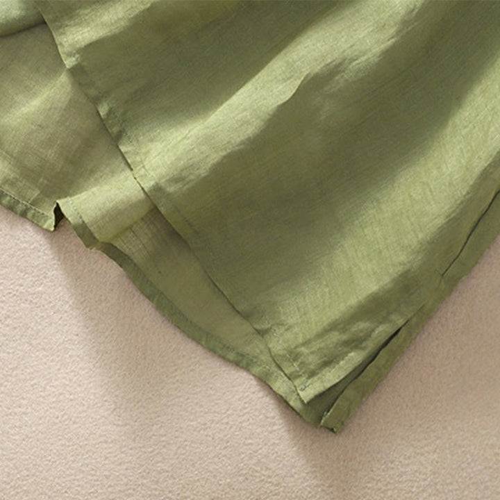 Maglietta da donna in cotone e lino con mezza manica, ricamo Buddha Stones, orlo floreale e spacco - image 8