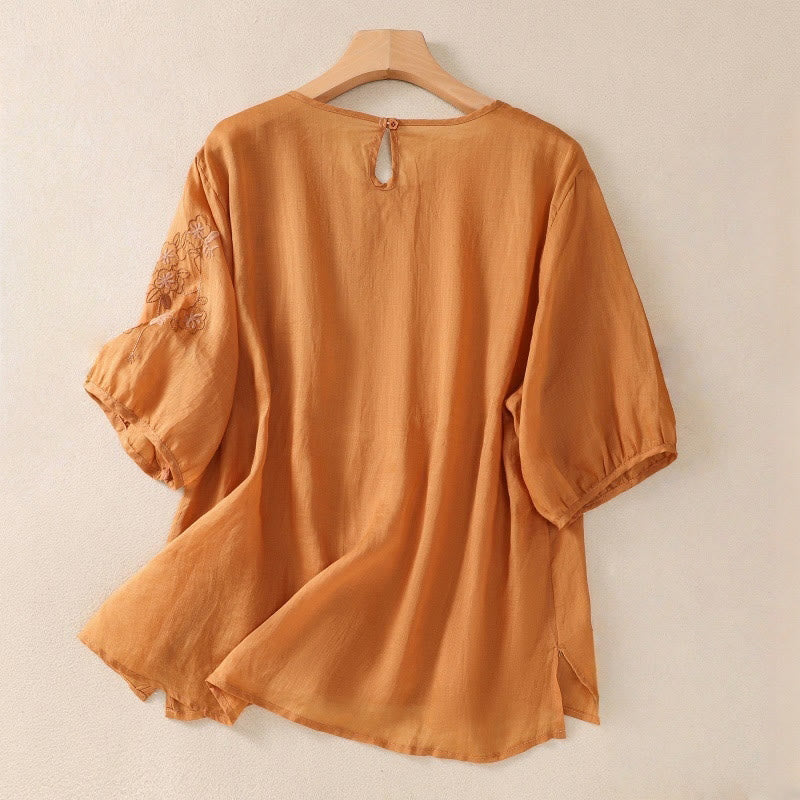Maglietta da donna in cotone e lino con mezza manica, ricamo Buddha Stones, orlo floreale e spacco - image 11