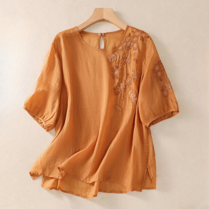 Maglietta da donna in cotone e lino con mezza manica, ricamo Buddha Stones, orlo floreale e spacco - Arancione scuro - US14, UK/AU18, EU46 (2XL) - image 10