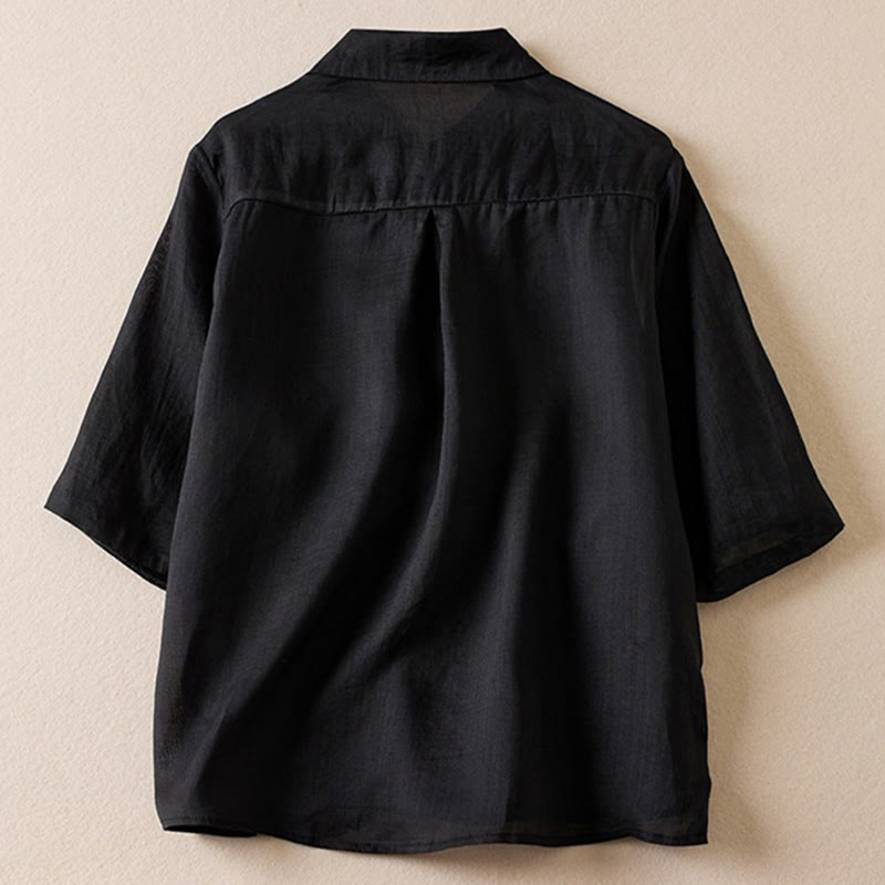 Camicia da donna in cotone e lino, modello Buddha Stones, retro, tinta unita, finto due pezzi, bottoni, mezza manica - Nero - US12, UK/AU16, EU44 (2XL) - image 27