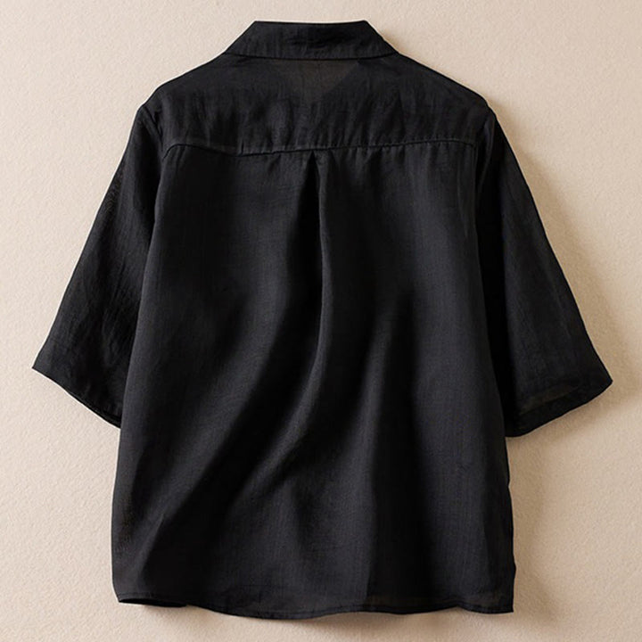 Camicia da donna in cotone e lino, modello Buddha Stones, retro, tinta unita, finto due pezzi, bottoni, mezza manica - Nero - US12, UK/AU16, EU44 (2XL) - image 27