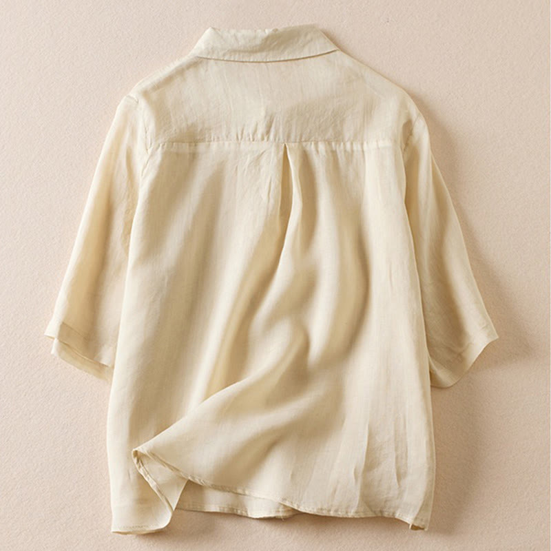 Camicia da donna in cotone e lino, modello Buddha Stones, retro, tinta unita, finto due pezzi, bottoni, mezza manica - image 36