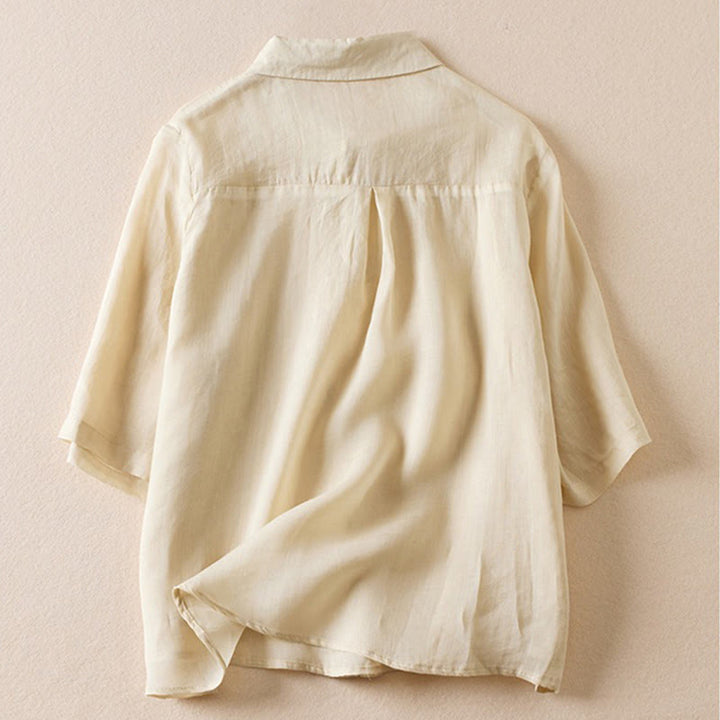 Camicia da donna in cotone e lino, modello Buddha Stones, retro, tinta unita, finto due pezzi, bottoni, mezza manica - image 36