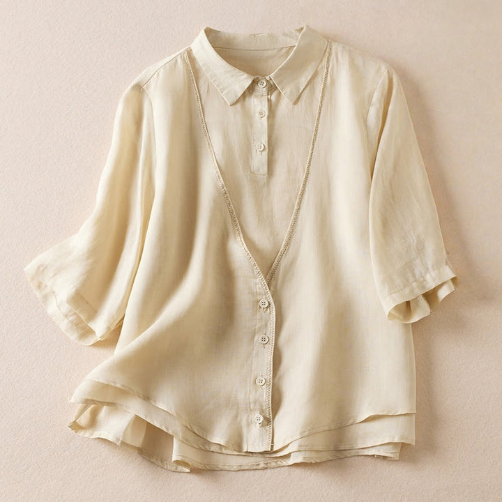 Camicia da donna in cotone e lino, modello Buddha Stones, retro, tinta unita, finto due pezzi, bottoni, mezza manica - Beige - US12, UK/AU16, EU44 (2XL) - image 36