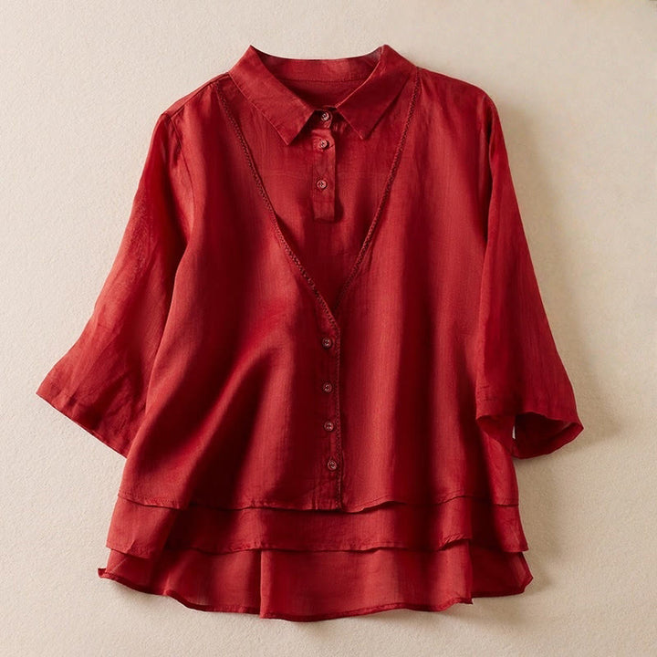 Camicia da donna in cotone e lino, modello Buddha Stones, retro, tinta unita, finto due pezzi, bottoni, mezza manica - Cremisi - US12, UK/AU16, EU44 (2XL) - image 9