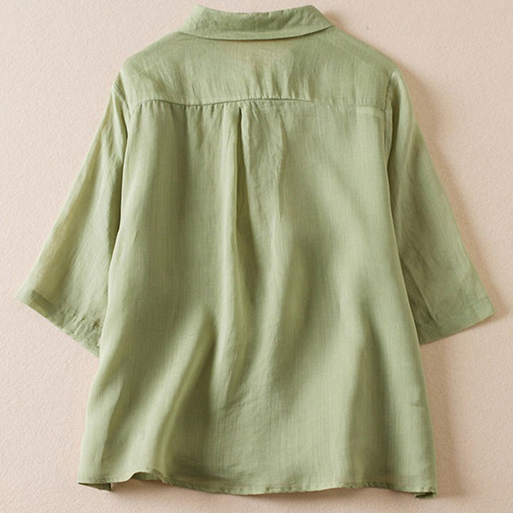 Camicia da donna in cotone e lino, modello Buddha Stones, retro, tinta unita, finto due pezzi, bottoni, mezza manica - image 19