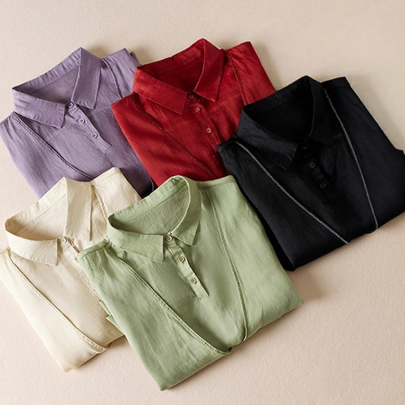 Camicia da donna in cotone e lino, modello Buddha Stones, retro, tinta unita, finto due pezzi, bottoni, mezza manica - image 44