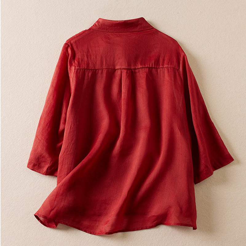 Camicia da donna in cotone e lino, modello Buddha Stones, retro, tinta unita, finto due pezzi, bottoni, mezza manica - image 10