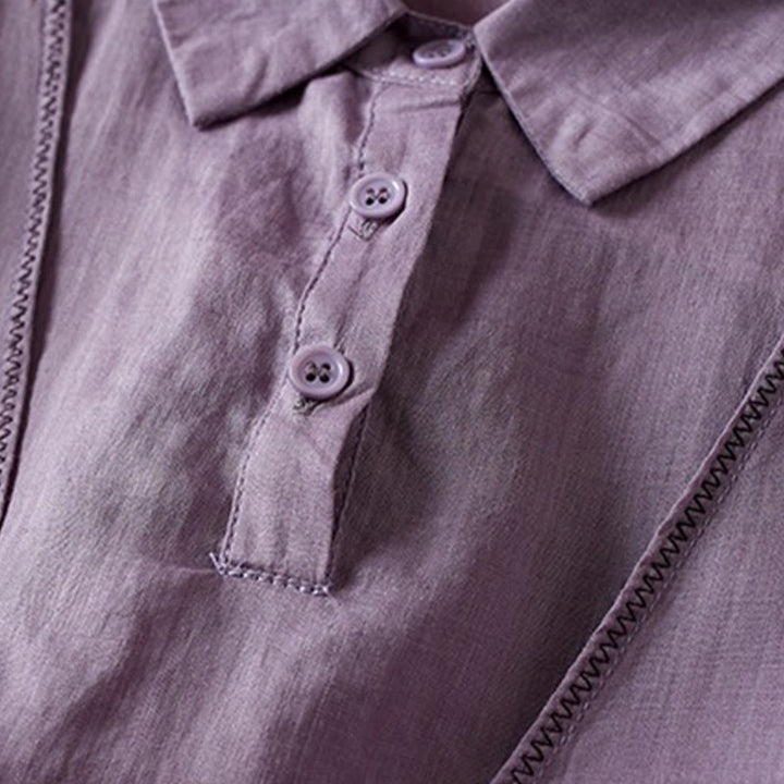 Camicia da donna in cotone e lino, modello Buddha Stones, retro, tinta unita, finto due pezzi, bottoni, mezza manica - image 3