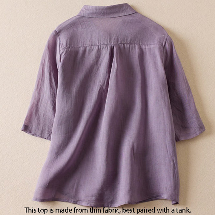 Camicia da donna in cotone e lino, modello Buddha Stones, retro, tinta unita, finto due pezzi, bottoni, mezza manica - image 2