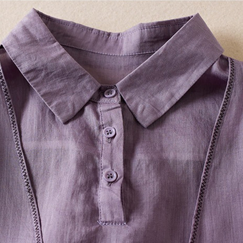 Camicia da donna in cotone e lino, modello Buddha Stones, retro, tinta unita, finto due pezzi, bottoni, mezza manica - image 3