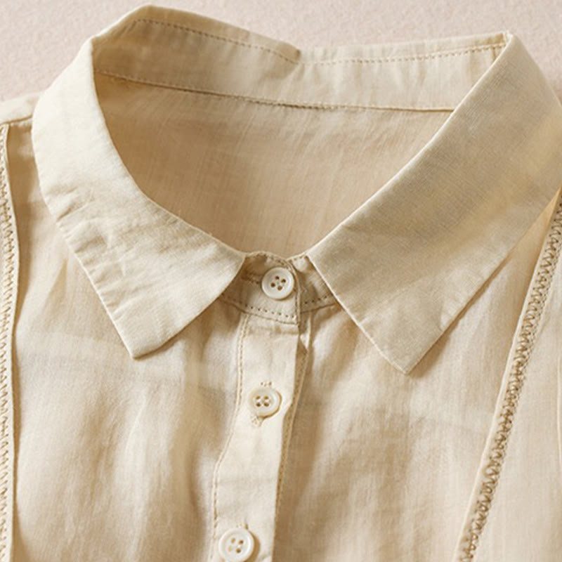 Camicia da donna in cotone e lino, modello Buddha Stones, retro, tinta unita, finto due pezzi, bottoni, mezza manica - image 38