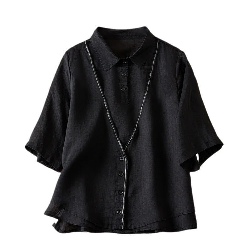 Camicia da donna in cotone e lino, modello Buddha Stones, retro, tinta unita, finto due pezzi, bottoni, mezza manica - image 35