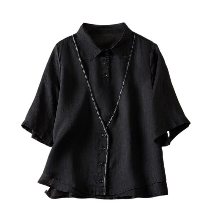 Camicia da donna in cotone e lino, modello Buddha Stones, retro, tinta unita, finto due pezzi, bottoni, mezza manica - image 35