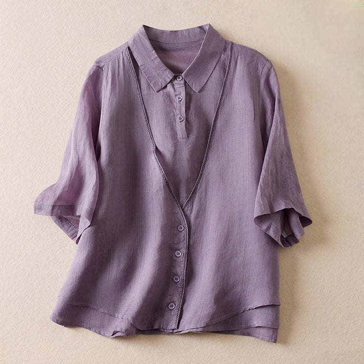 Camicia da donna in cotone e lino, modello Buddha Stones, retro, tinta unita, finto due pezzi, bottoni, mezza manica - Orchidea media - US12, UK/AU16, EU44 (2XL) - image 0