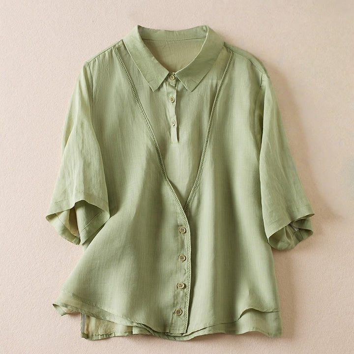 Camicia da donna in cotone e lino, modello Buddha Stones, retro, tinta unita, finto due pezzi, bottoni, mezza manica - Verde chiaro - US12, UK/AU16, EU44 (2XL) - image 19