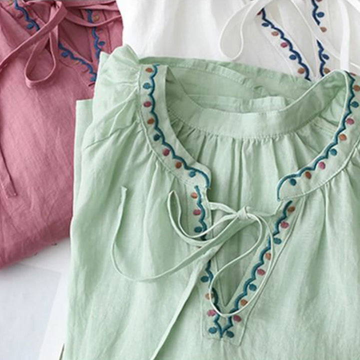 Buddha Stones Maglietta estiva da donna in cotone e lino con maniche a lanterna a tre quarti e ricamo - image 17