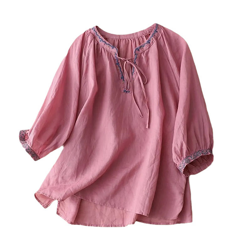 Buddha Stones Maglietta estiva da donna in cotone e lino con maniche a lanterna a tre quarti e ricamo - image 15