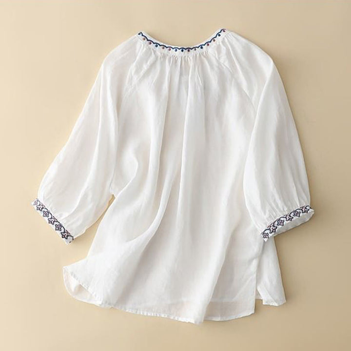 Buddha Stones Maglietta estiva da donna in cotone e lino con maniche a lanterna a tre quarti e ricamo - image 6