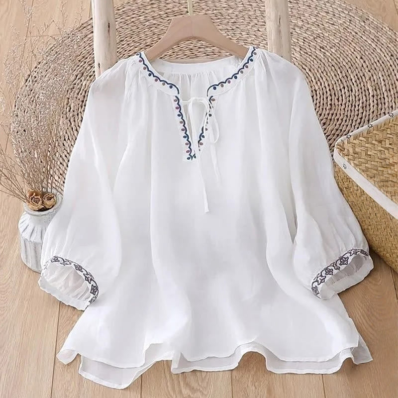 T-shirt da donna estiva con maniche a tre quarti e ricamo "Buddha Stones Summer". - image 5