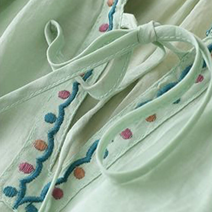 Buddha Stones Maglietta estiva da donna in cotone e lino con maniche a lanterna a tre quarti e ricamo - image 2