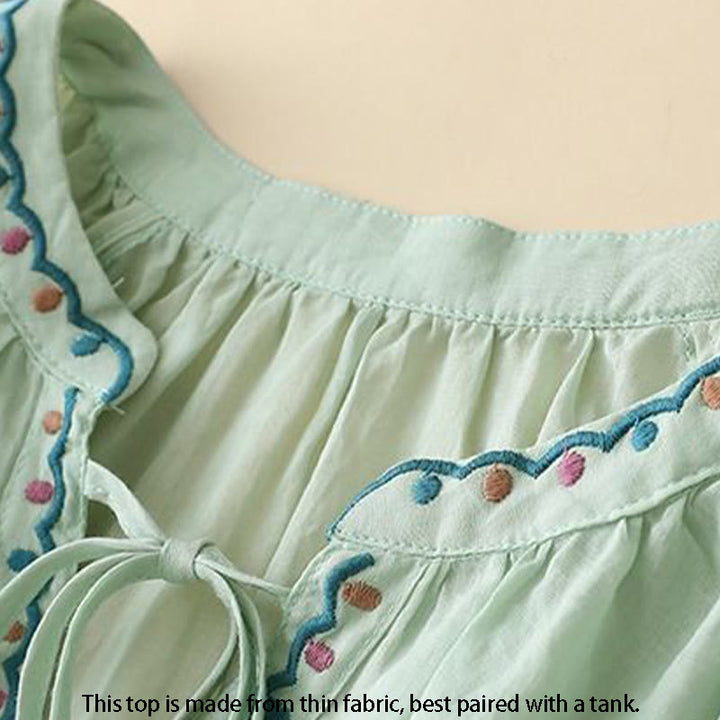 Buddha Stones Maglietta estiva da donna in cotone e lino con maniche a lanterna a tre quarti e ricamo - image 1