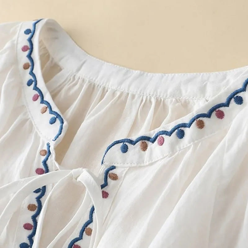 Buddha Stones Maglietta estiva da donna in cotone e lino con maniche a lanterna a tre quarti e ricamo - image 7