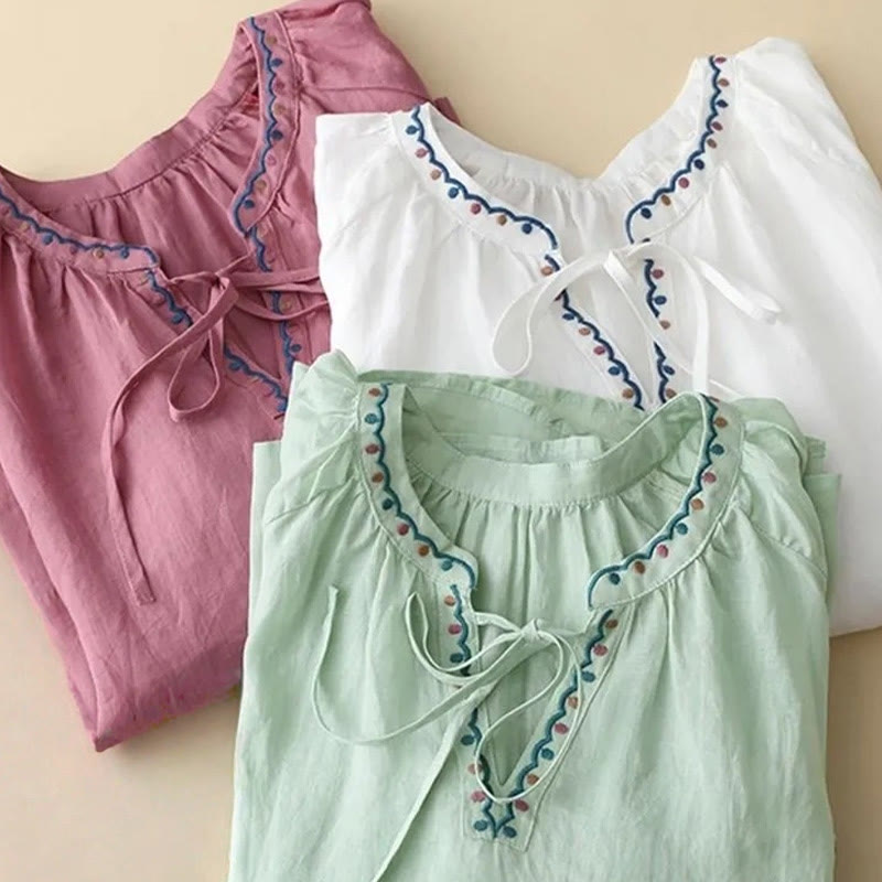 Buddha Stones Maglietta estiva da donna in cotone e lino con maniche a lanterna a tre quarti e ricamo - image 16