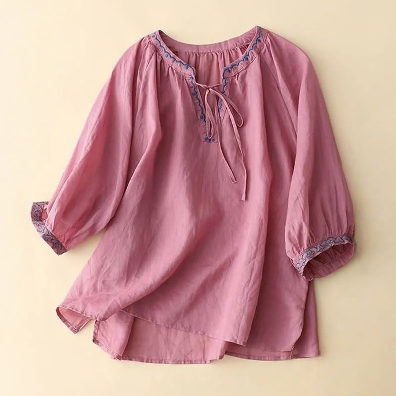 Buddha Stones Maglietta estiva da donna in cotone e lino con maniche a lanterna a tre quarti e ricamo - RossoViolaPale - US14, UK/AU18, EU46 (3XL) - image 11