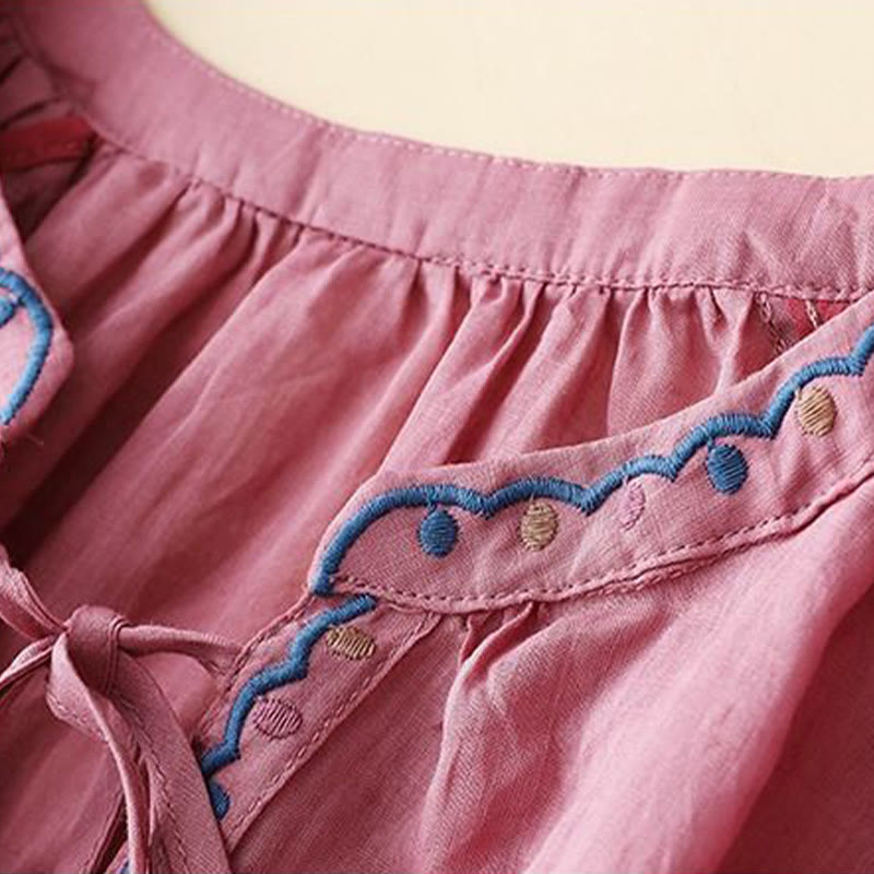 Buddha Stones Maglietta estiva da donna in cotone e lino con maniche a lanterna a tre quarti e ricamo - image 12