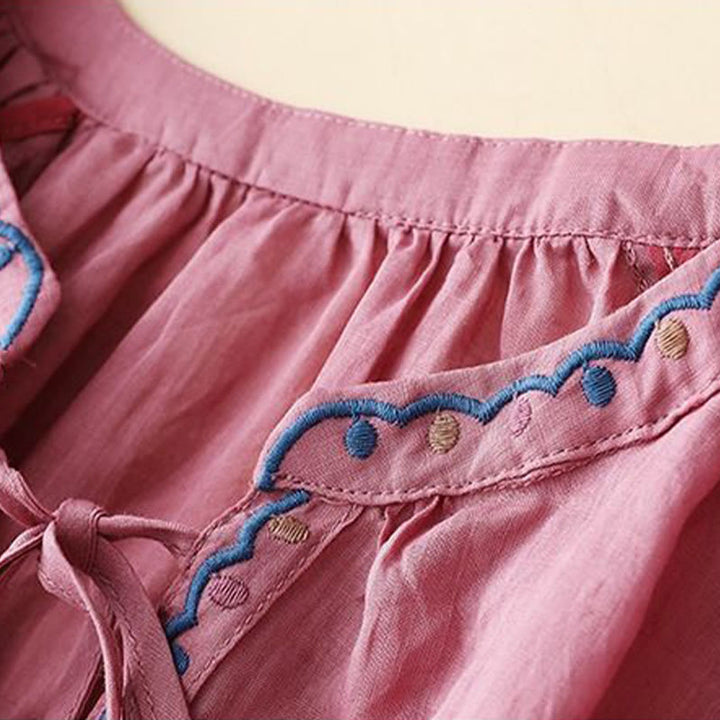 Buddha Stones Maglietta estiva da donna in cotone e lino con maniche a lanterna a tre quarti e ricamo - image 12