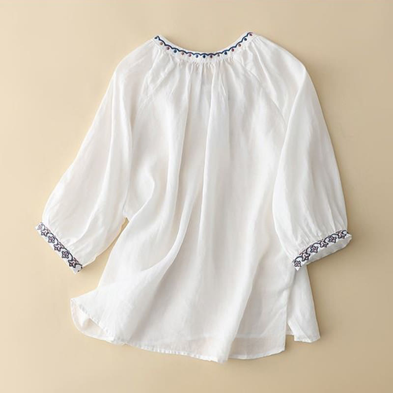 Buddha Stones Maglietta estiva da donna in cotone e lino con maniche a lanterna a tre quarti e ricamo - image 6