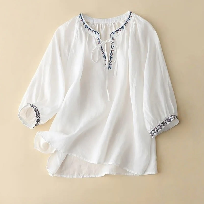 Buddha Stones Maglietta estiva da donna in cotone e lino con maniche a lanterna a tre quarti e ricamo - Bianco - US14, UK/AU18, EU46 (3XL) - image 4