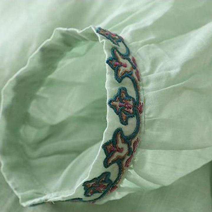 Buddha Stones Maglietta estiva da donna in cotone e lino con maniche a lanterna a tre quarti e ricamo - image 3