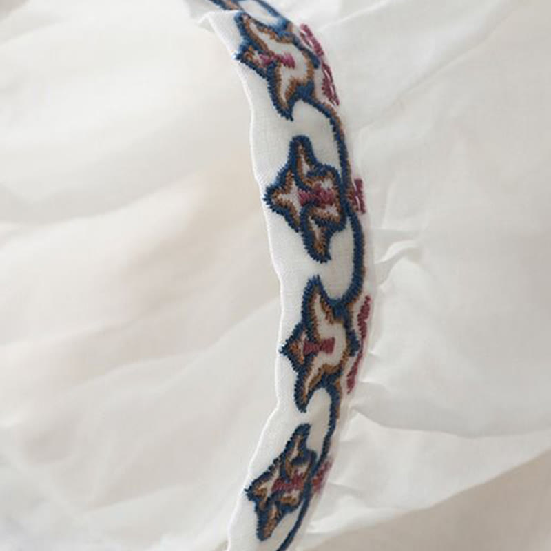 Buddha Stones Maglietta estiva da donna in cotone e lino con maniche a lanterna a tre quarti e ricamo - image 10