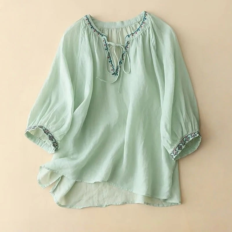 Buddha Stones Maglietta estiva da donna in cotone e lino con maniche a lanterna a tre quarti e ricamo - Acquamarina - US14, UK/AU18, EU46 (3XL) - image 0