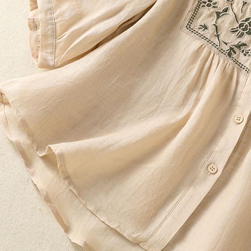 Camicia monopetto da donna in cotone e lino con maniche a tre quarti e ricamo Buddha Stones - image 24