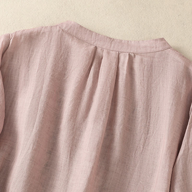 Camicia monopetto da donna in cotone e lino con maniche a tre quarti e ricamo Buddha Stones - image 12