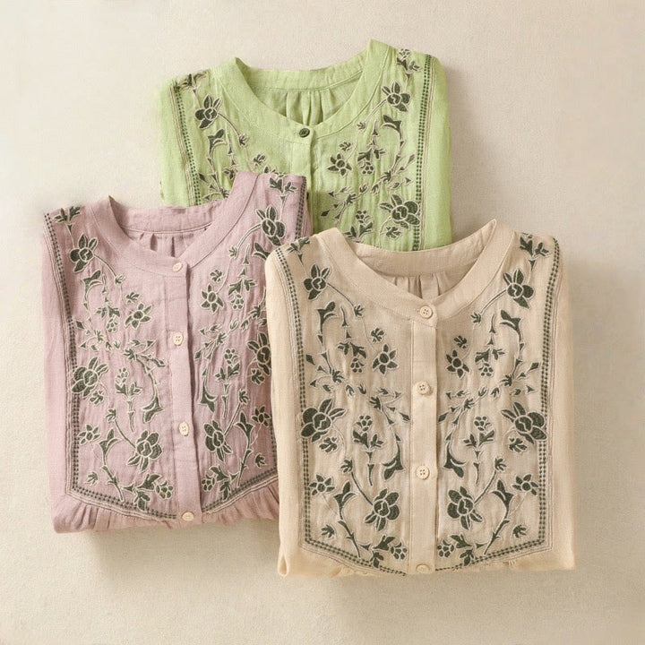 Camicia monopetto da donna in cotone e lino con maniche a tre quarti e ricamo Buddha Stones - image 26