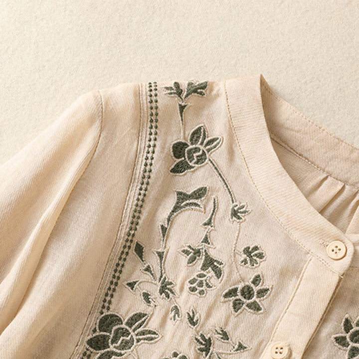 Camicia monopetto da donna in cotone e lino con maniche a tre quarti e ricamo Buddha Stones - image 21