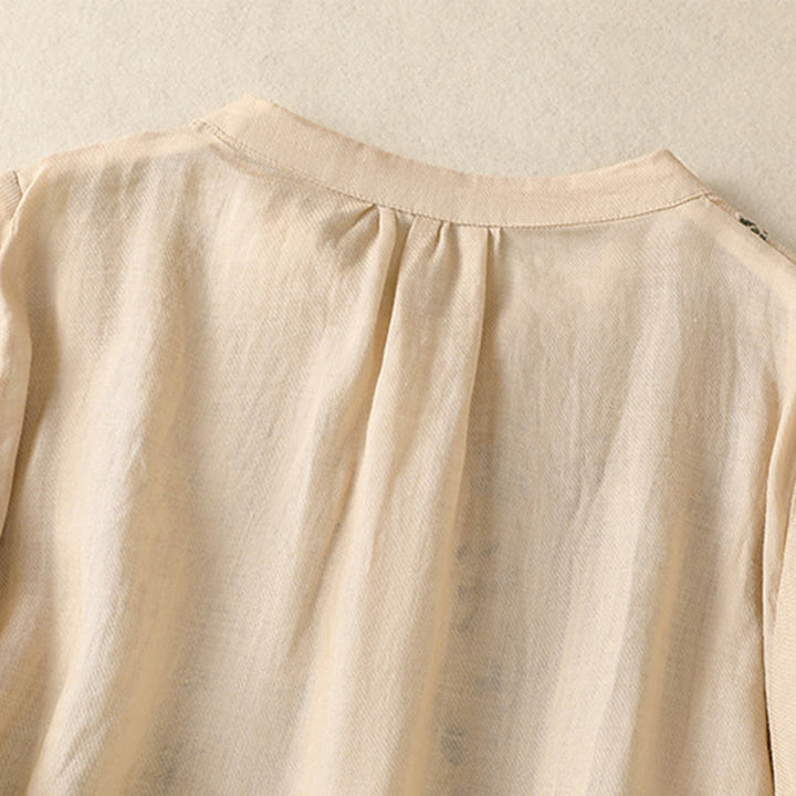 Camicia monopetto da donna in cotone e lino con maniche a tre quarti e ricamo Buddha Stones - image 20