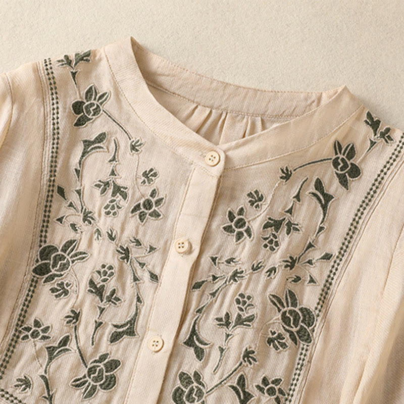 Camicia monopetto da donna in cotone e lino con maniche a tre quarti e ricamo Buddha Stones - image 19