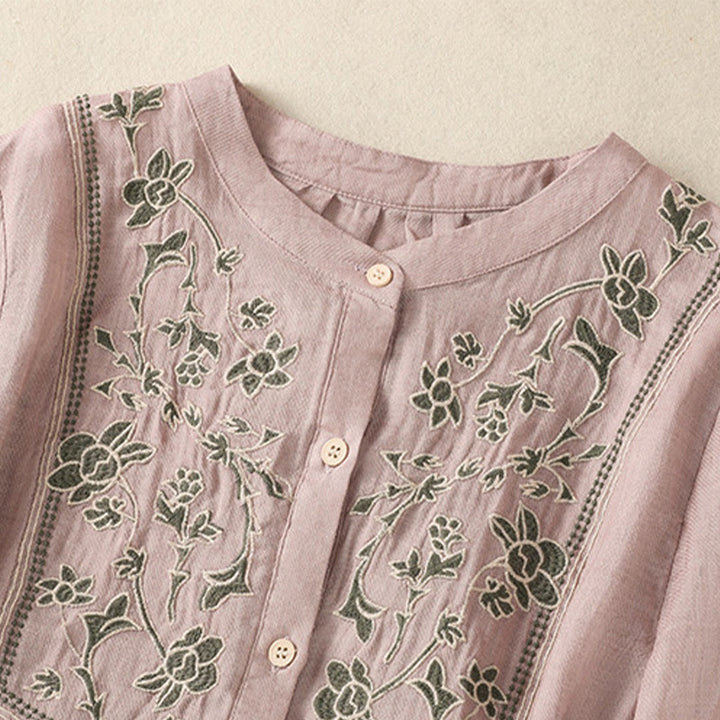 Camicia monopetto da donna in cotone e lino con maniche a tre quarti e ricamo Buddha Stones - image 11