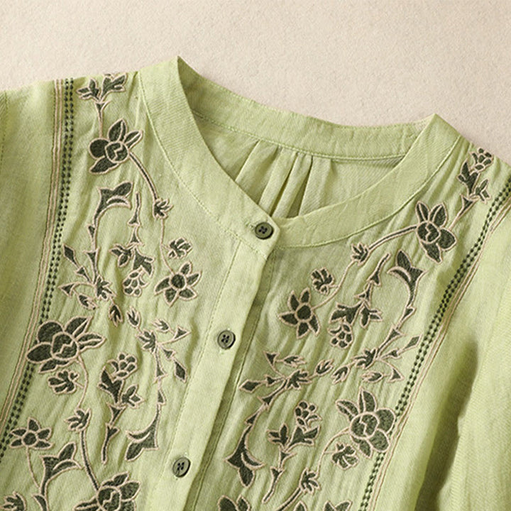 Camicia monopetto da donna in cotone e lino con maniche a tre quarti e ricamo Buddha Stones - image 3