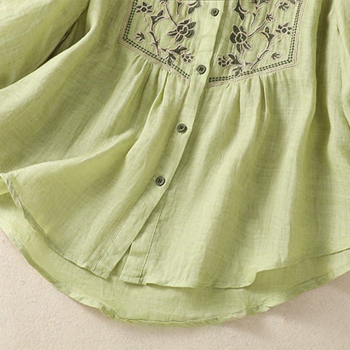 Camicia monopetto da donna in cotone e lino con maniche a tre quarti e ricamo Buddha Stones - image 5