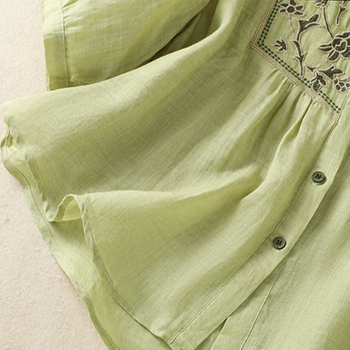 Camicia monopetto da donna in cotone e lino con maniche a tre quarti e ricamo Buddha Stones - image 6